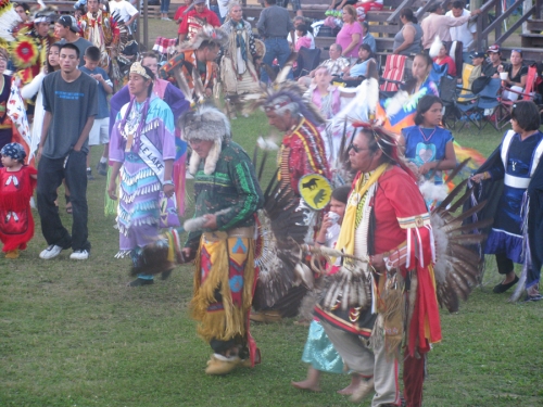 Variety of pow wow outfits in this picture, from Men's Traditional, to Fancy Shawl, to Jingle Dress, and even a young Grass Dancer.